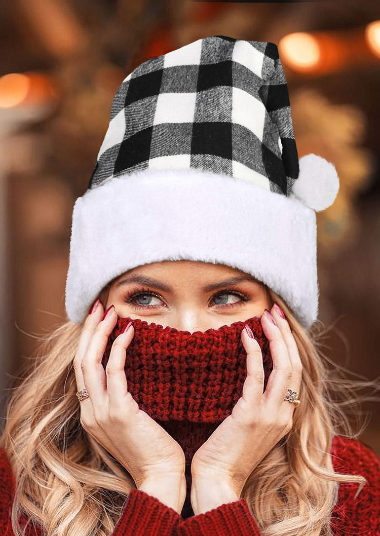 

Buffalo Plaid Warm Christmas Hat with Plush Trim, Black, 520968
