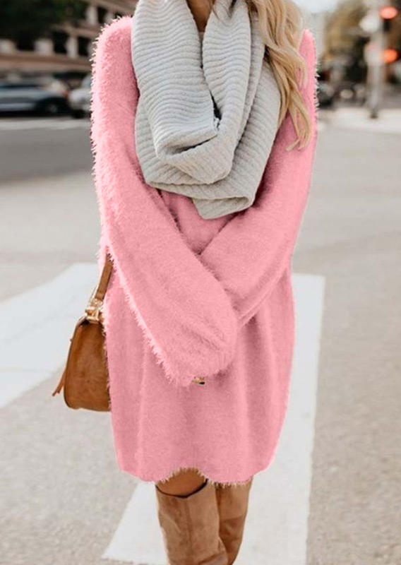 

Fuzzy Long Sleeve O-Neck Mini Dress - Pink, 521082