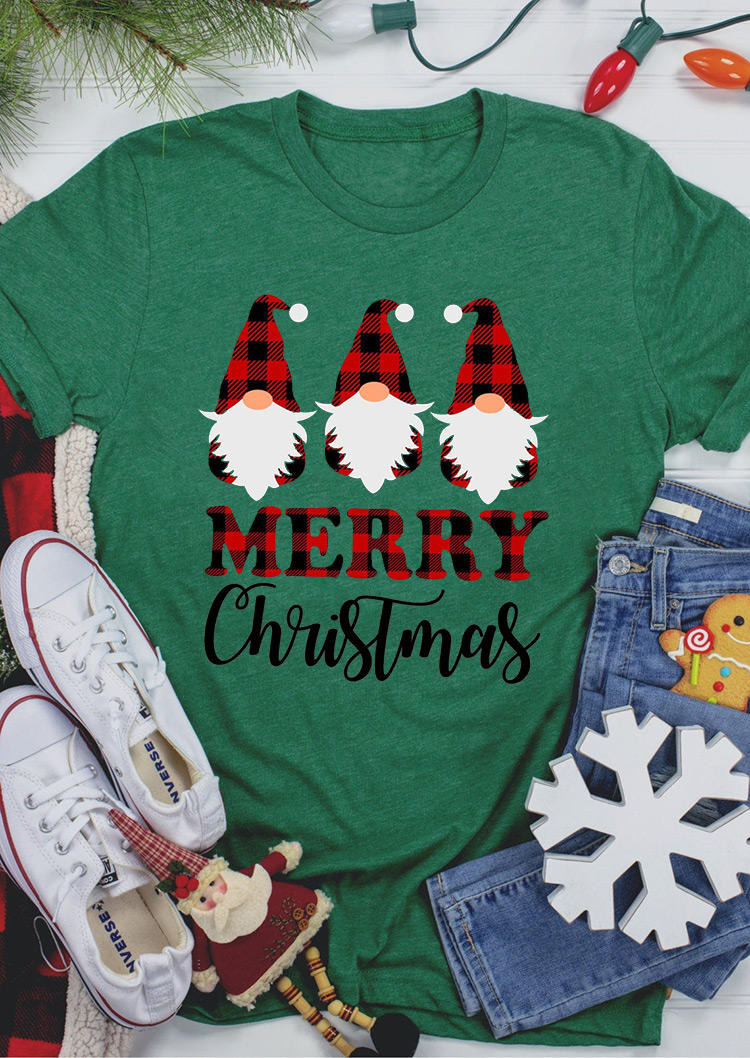 Merry Christmas Plaid Gnomies T-Shirt Tee - Green