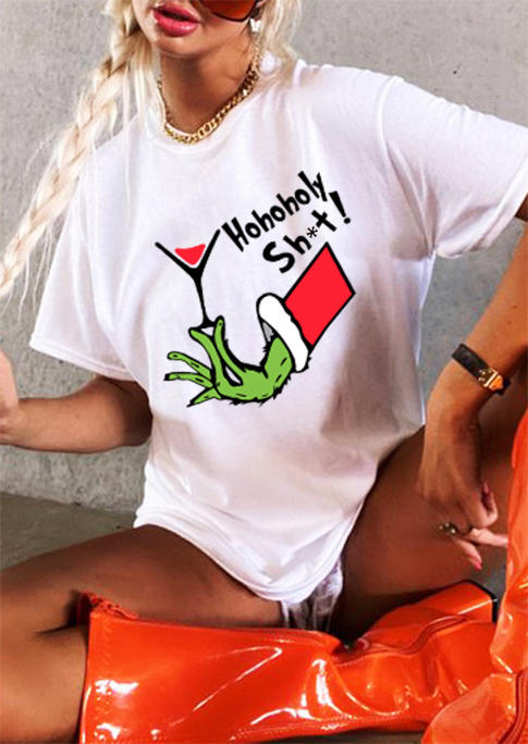 

Christmas Wine Glass Hohoholy Sh!t Cartoon T-Shirt Tee - White, 521427