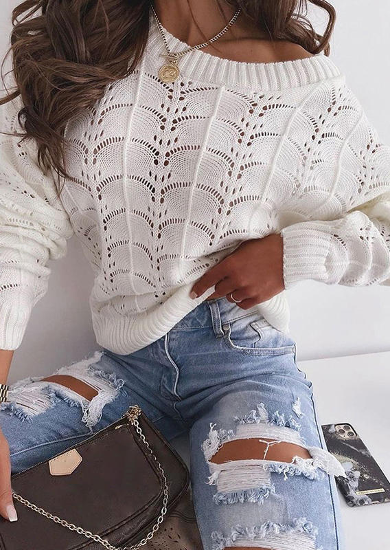 

Batwing Sleeve Hollow Out Casual Sweater - White, 521580