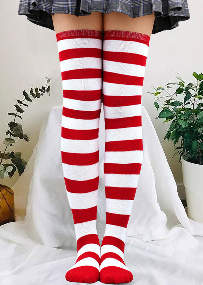 

Striped Thigh-High Socks, Red, 521623