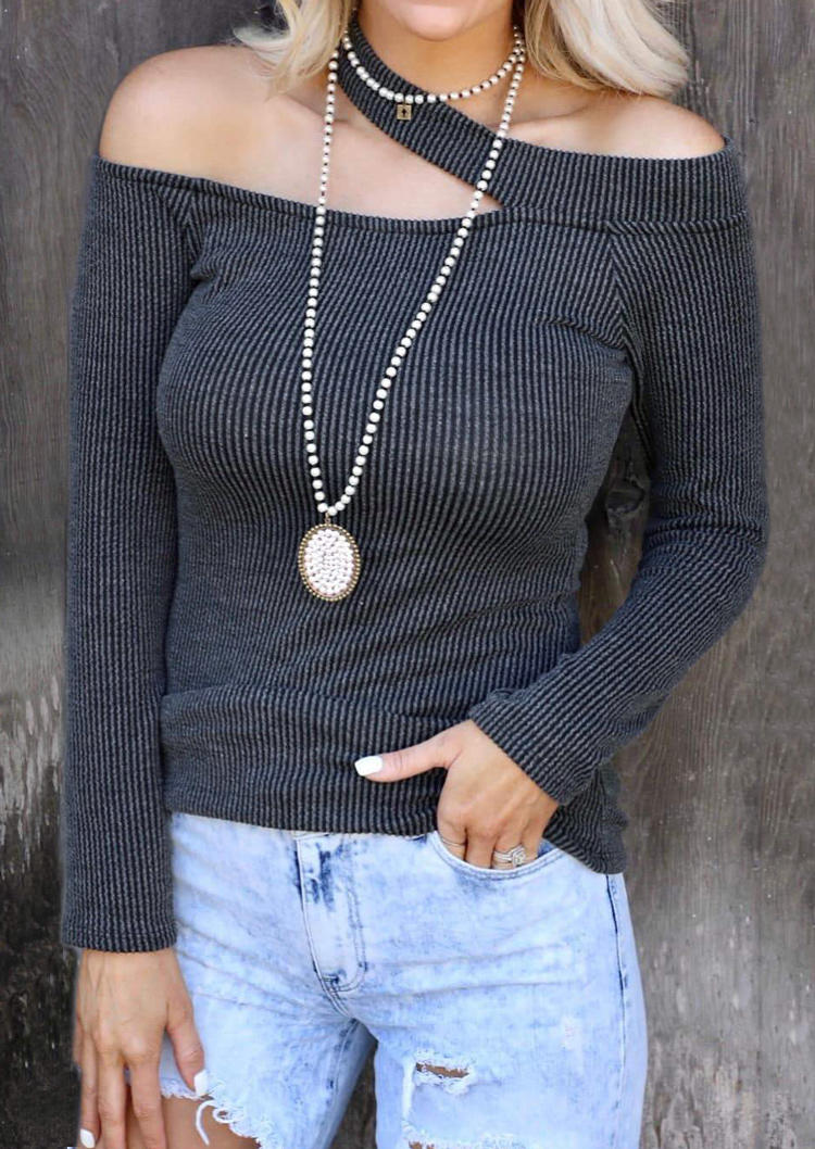 

Striped Cut Out Long Sleeve Blouse - Dark Grey, Gray, 520882