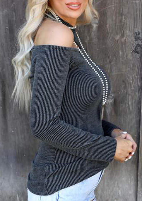 Striped Cut Out Long Sleeve Blouse - Dark Grey