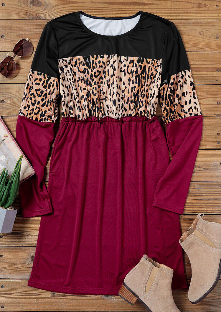 Leopard Ruffled Pocket Long Sleeve Mini Dress