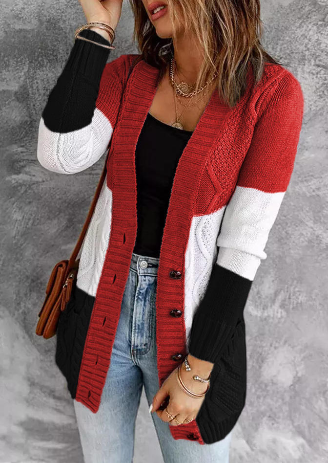 

Color Block Pocket Button Sweater Cardigan - Red, 521357