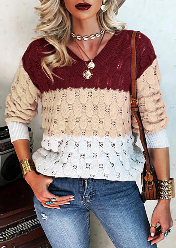 

Hollow Out Color Block V-Neck Sweater, Multicolor, 521563