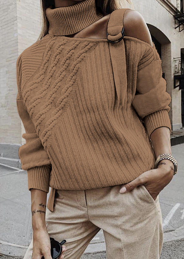 

One Sided Cold Shoulder Twist Sweater - Khaki, 521569