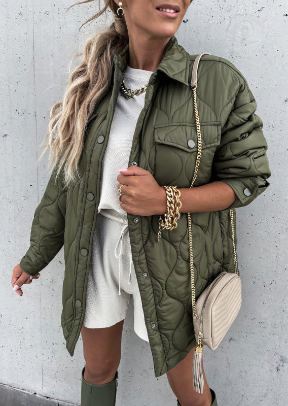 

Button Turn-Down Collar Long Sleeve Coat - Army Green, 521700