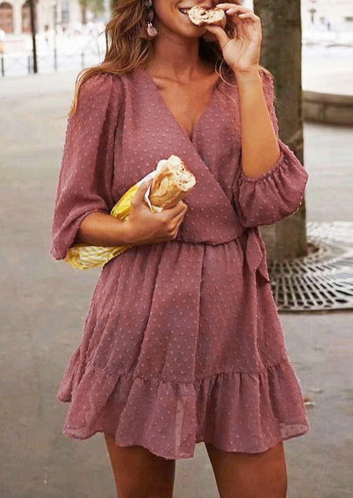 

Dotted Swiss Ruffled Wrap Mini Dress - Cameo Brown, 521708