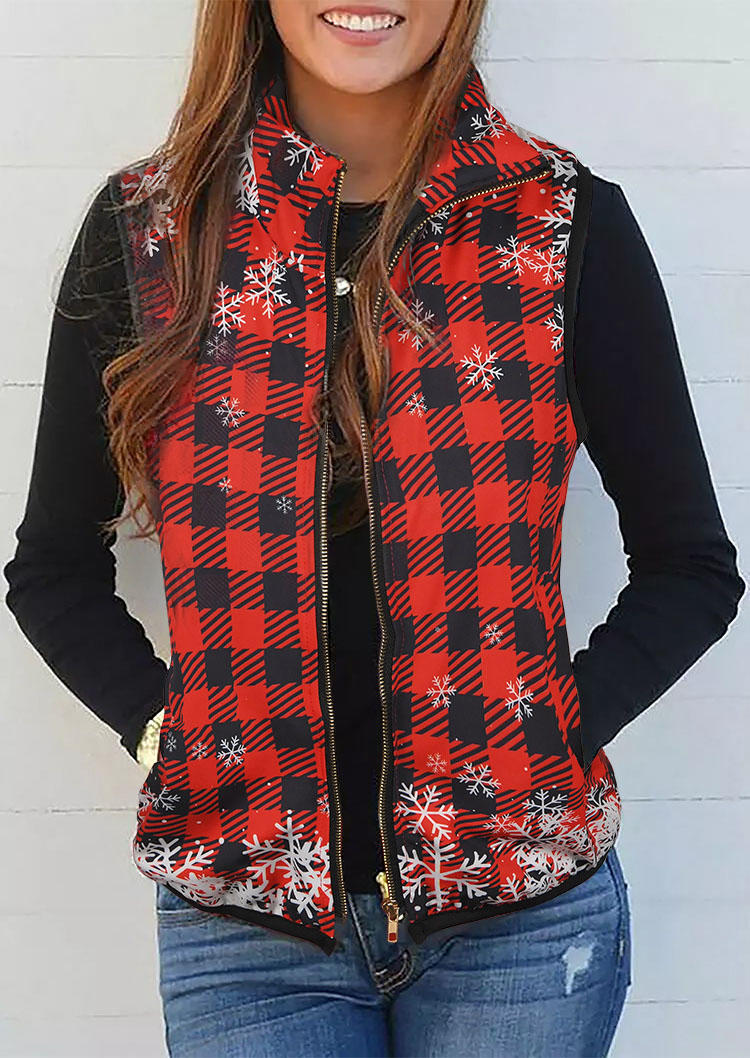 

Buffalo Plaid Pocket Zipper Sleeveless Vest Coat, 521717