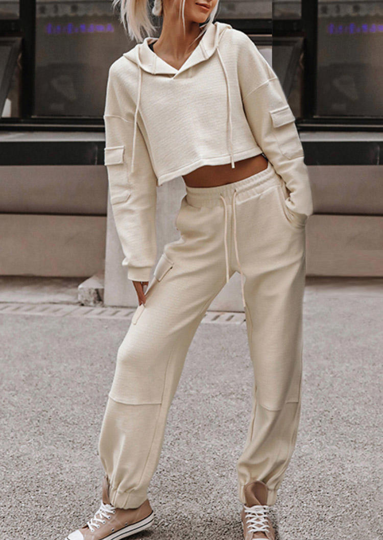 

Pocket Drawstring Hoodie And Sweatpants Two-Piece Set - Apricot, 521771