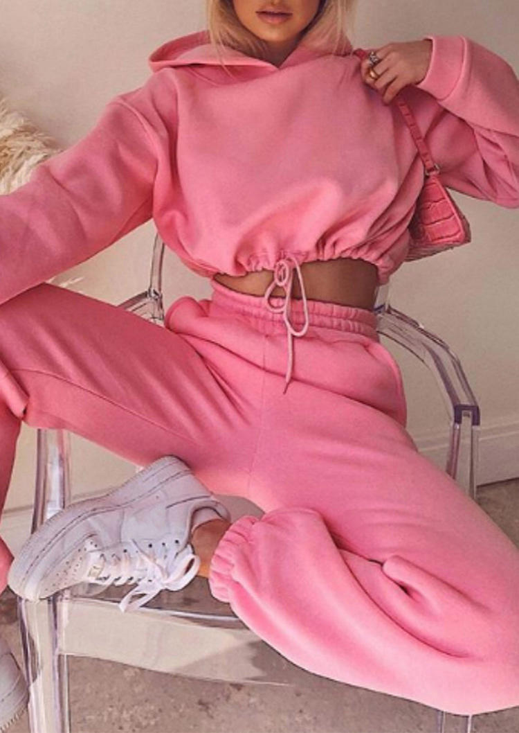 

Drawstring Crop Hoodie And Elastic Waist Sweatpants Two-Piece Set - Pink, 521773