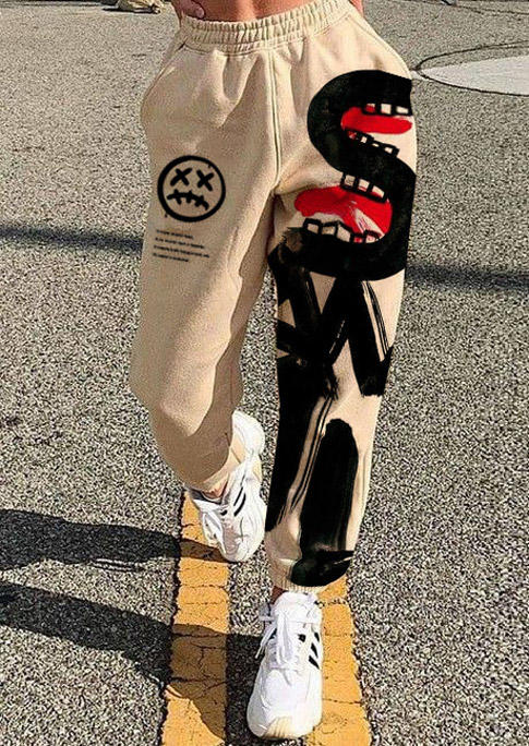 

Letter Graphic Elastic Waist Sweatpants - Khaki, 521796