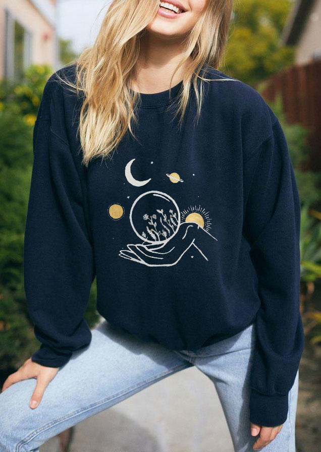 

Sun Moon Planet Long Sleeve Sweatshirt - Navy Blue, 521808
