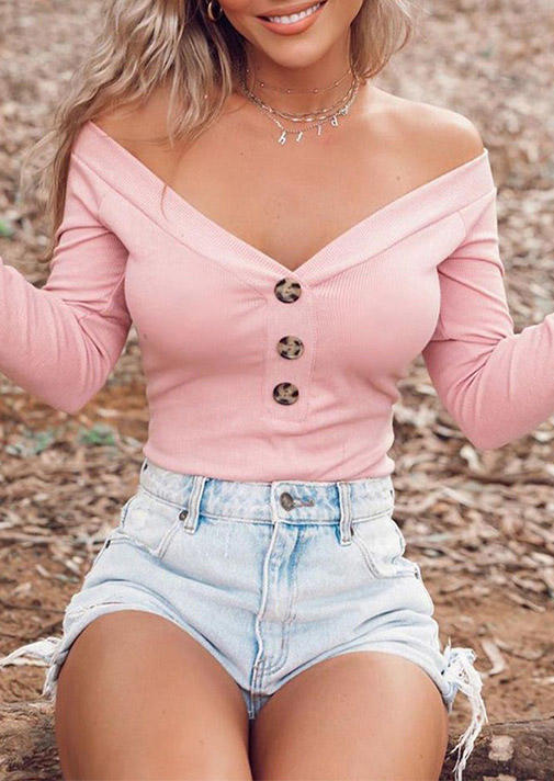 

Button V-Neck Long Sleeve Blouse - Pink, 521826