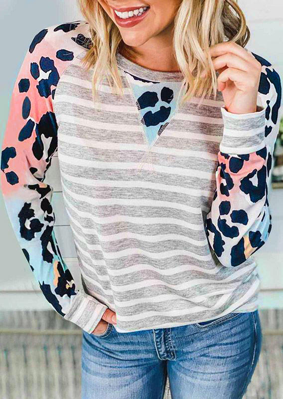 

Colorful Leopard Striped Raglan Sleeve Blouse - Gray, 520017