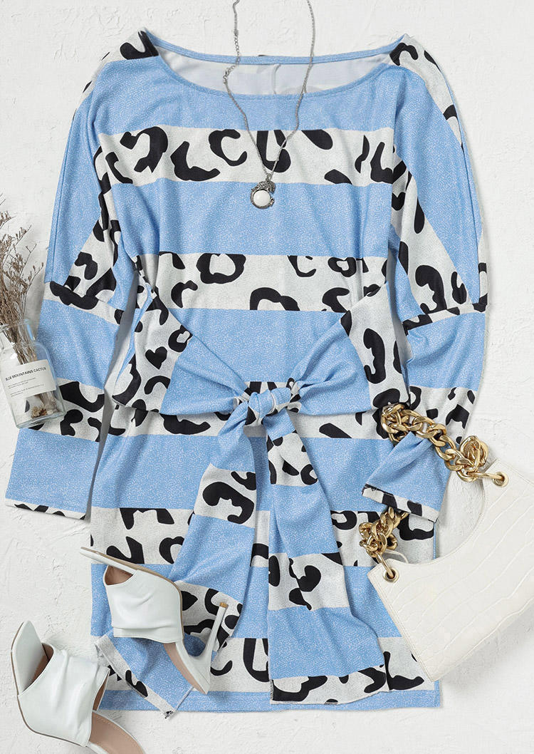 Leopard Tie Long Sleeve Mini Dress - Blue