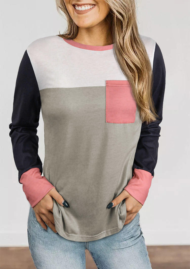 

Color Block Pocket Long Sleeve Blouse, Multicolor, 520485