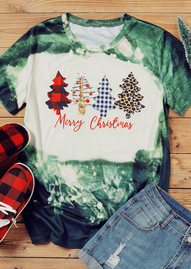 Merry Christmas Tree Bleached T-Shirt Tee - Green