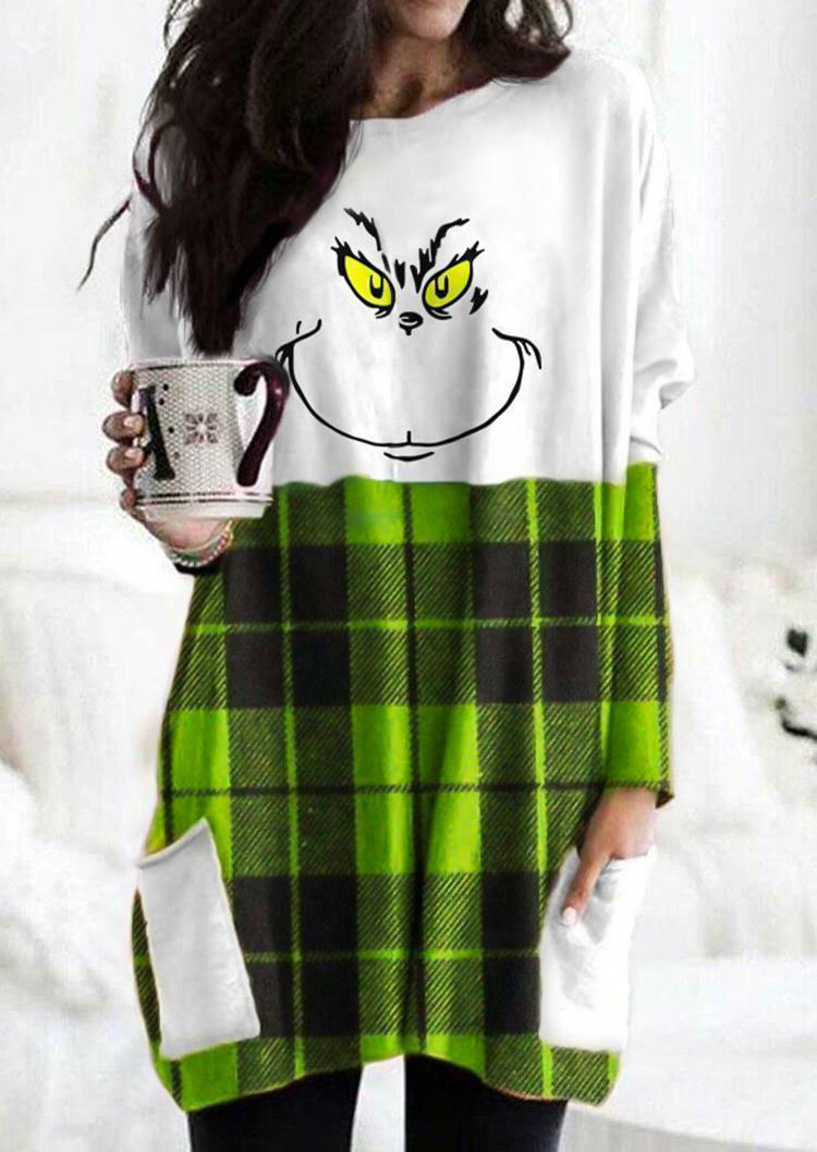 

Christmas Plaid Cartoon Pocket Long Sleeve Mini Dress - Green, 521006