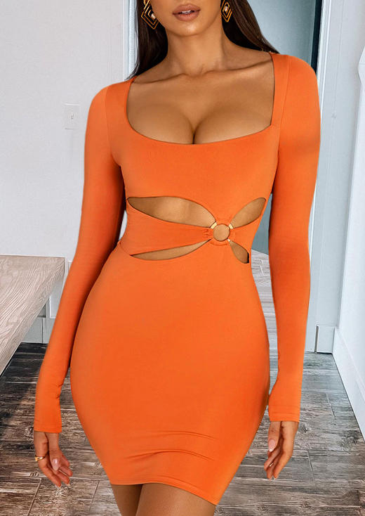 

Hollow Out Long Sleeve Bodycon Dress - Orange, 521028