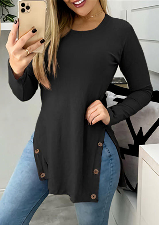 

Slit Button Long Sleeve Blouse - Black, 521072