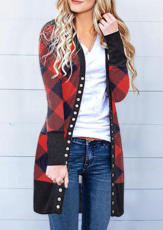 

Plaid Button Long Sleeve Cardigan, 521182