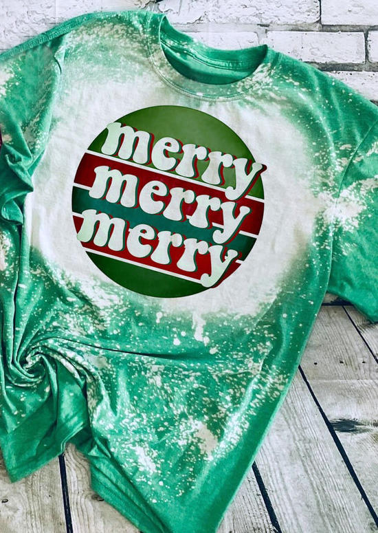 

Merry Bleached O-Neck T-Shirt Tee - Green, 521284