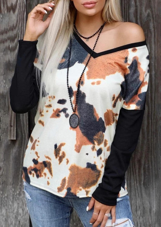 

Cow V-Neck Long Sleeve Blouse, Multicolor, 521314