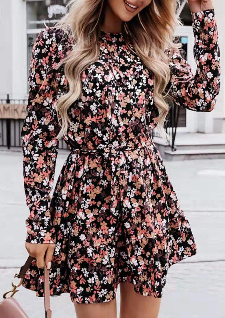 

Floral Ruffled Long Sleeve Mini Dress - Black, 521551