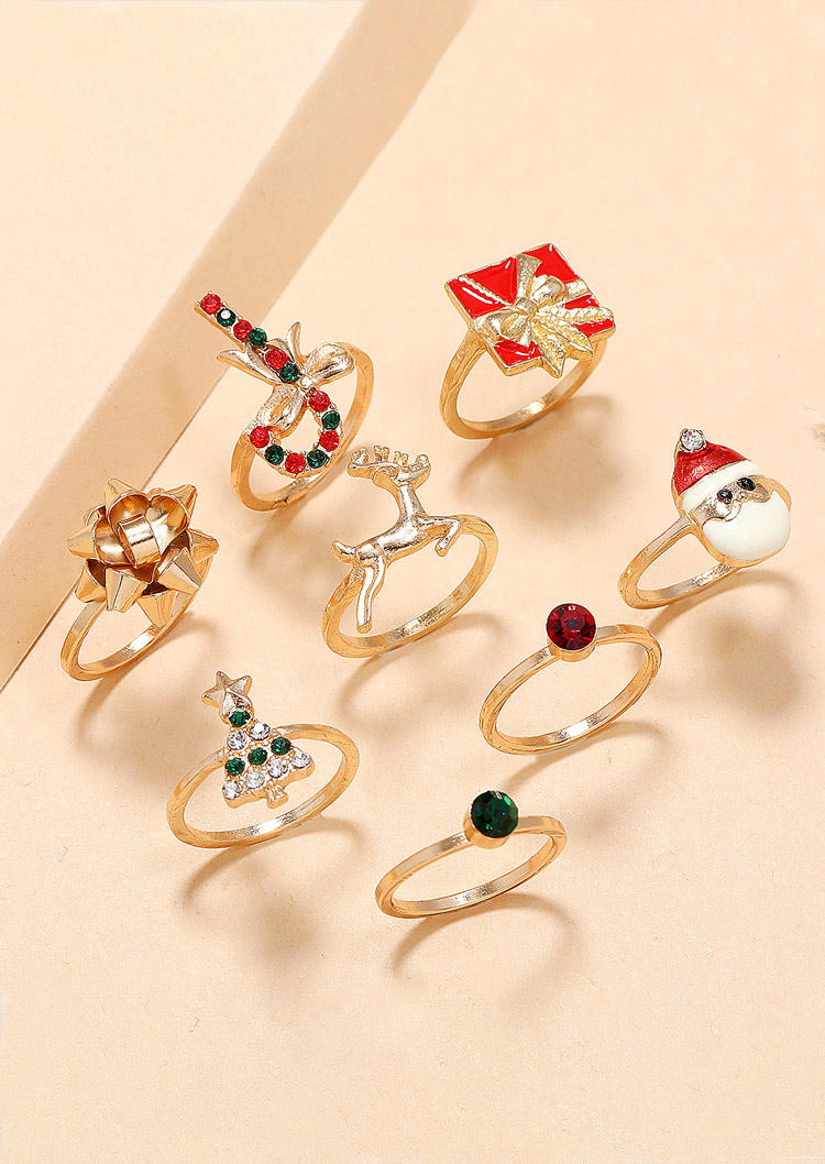 8Pcs Tree Santa Reindeer Rhinestone Alloy Ring Set