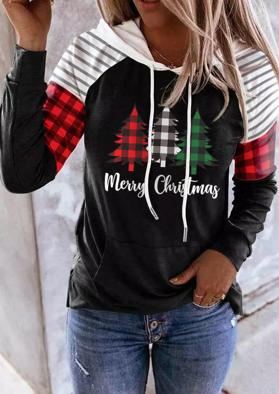 Merry Christmas Buffalo Plaid Tree Striped Hoodie - Green