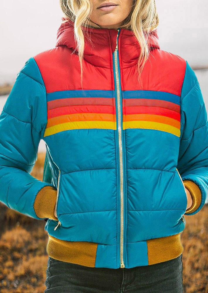 

Color Block Rainbow Zipper Pocket Parka Coat - Blue, 521699