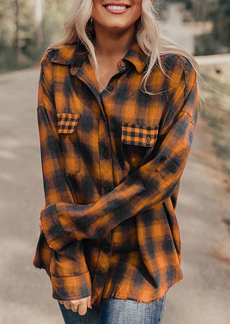 

Plaid Pocket Button Long Sleeve Shirt -Yellow, 521701