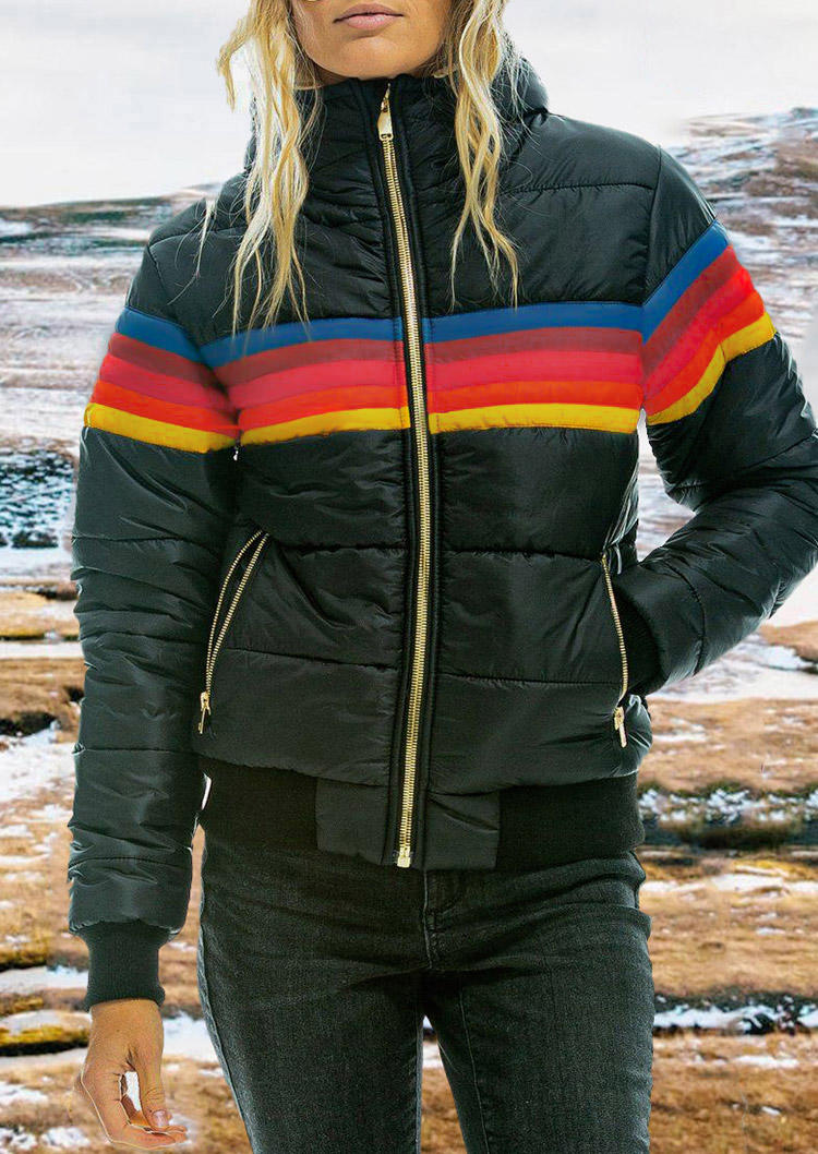 Rainbow Zipper Pocket Hooded Parka Coat - Black