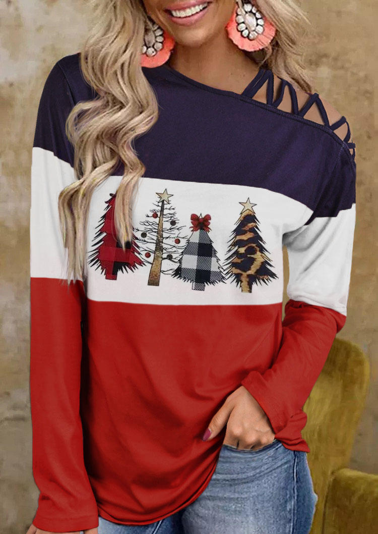 

Christmas Tree Color Block Hollow Out Cold Shoulder Blouse, Multicolor, 521709