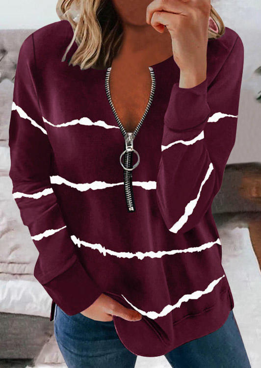 

Zipper Striped Slit Long Sleeve Blouse - Burgundy, 521741