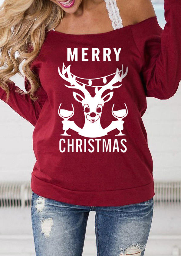 Merry Christmas Reindeer Long Sleeve Sweatshirt - Burgundy