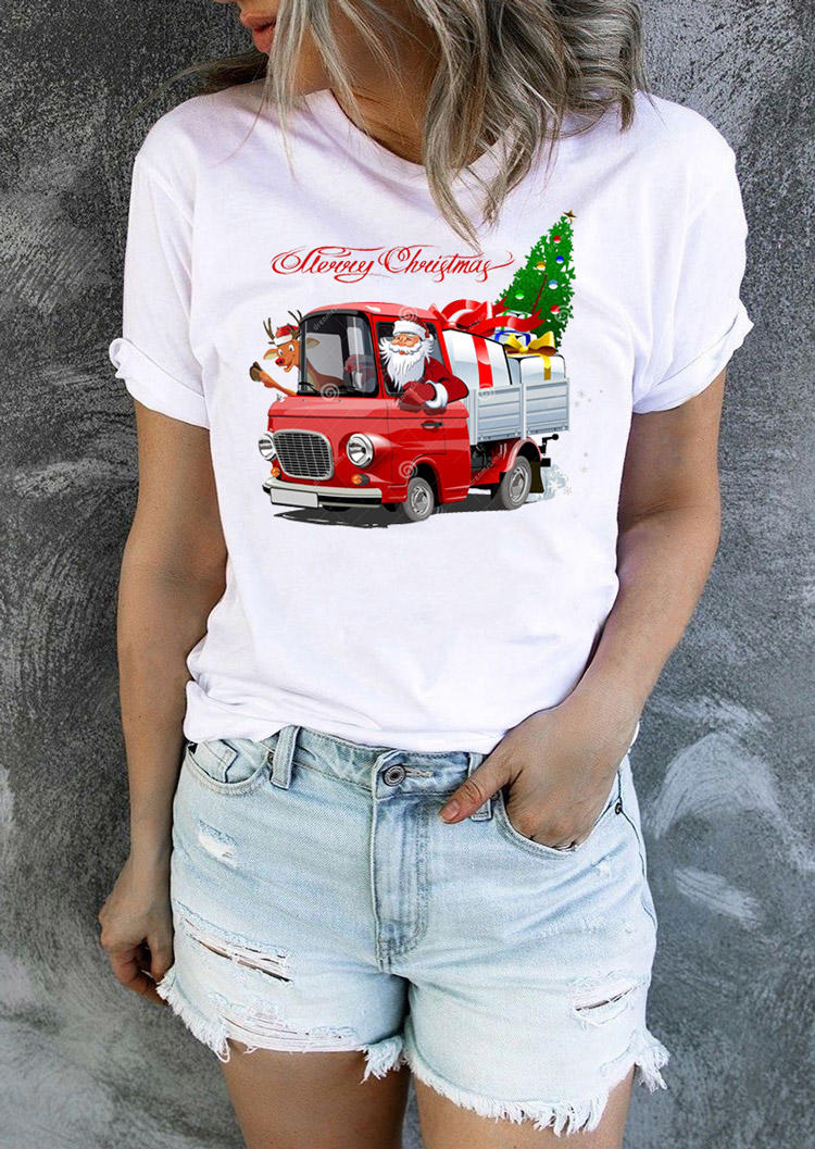 Buy Merry Christmas Tree Santa Claus T-Shirt Tee - White. Picture