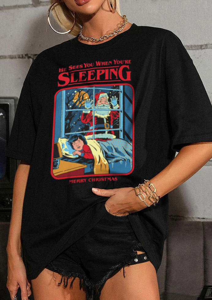 

Christmas Santa Claus He Sees You When You're Sleeping T-Shirt Tee - Black, 521869