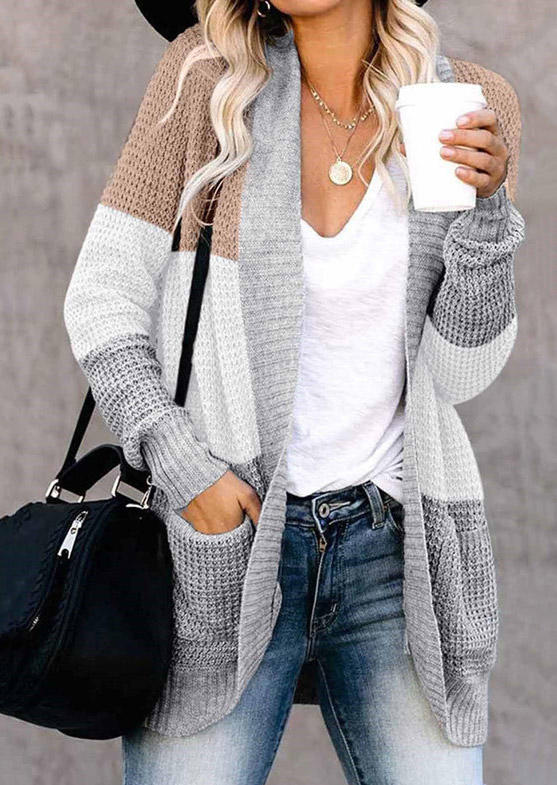 

Color Block Pocket Long Sleeve Cardigan, Multicolor, 520958