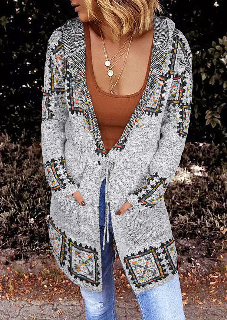 

Geometric Tie Pocket Hooded Cardigan - Light Grey, 521249