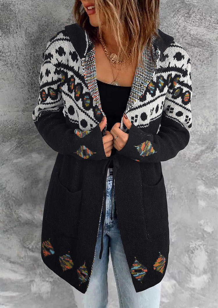 

Aztec Geometric Tie Pocket Hooded Cardigan - Black, 521254