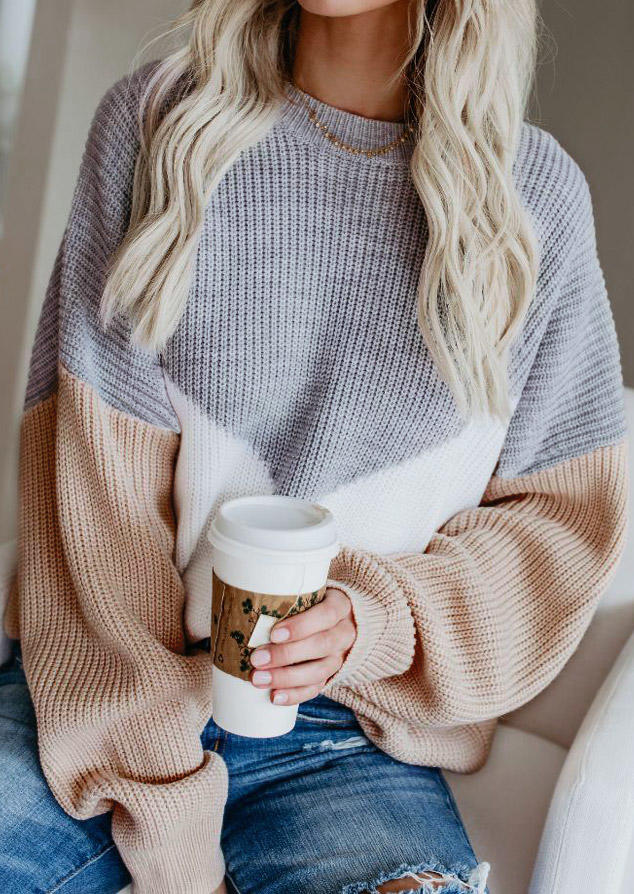 

Color Block Long Sleeve Pullover Sweater - Gray, 521324