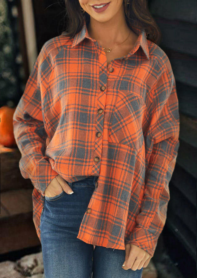 

Plaid Pocket Button Long Sleeve Shirt - Orange, 521561