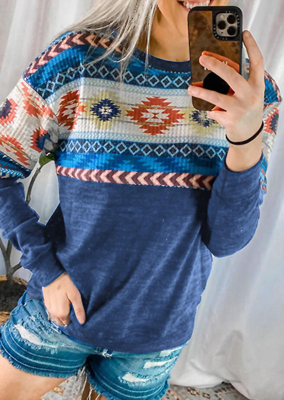 

Aztec Geometric Splicing Long Sleeve Blouse - Blue, 521589