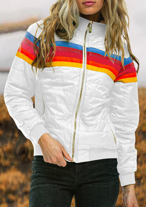 

Rainbow Striped Zipper Pocket Parka Coat - White, 521718