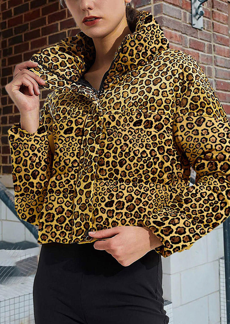 

Leopard Pocket Zipper Long Sleeve Parka Coat, 521722
