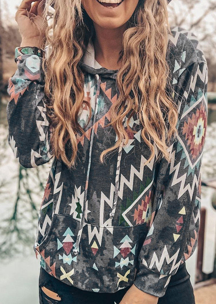 

Aztec Geometric Kangaroo Pocket Hoodie - Dark Grey, 521986